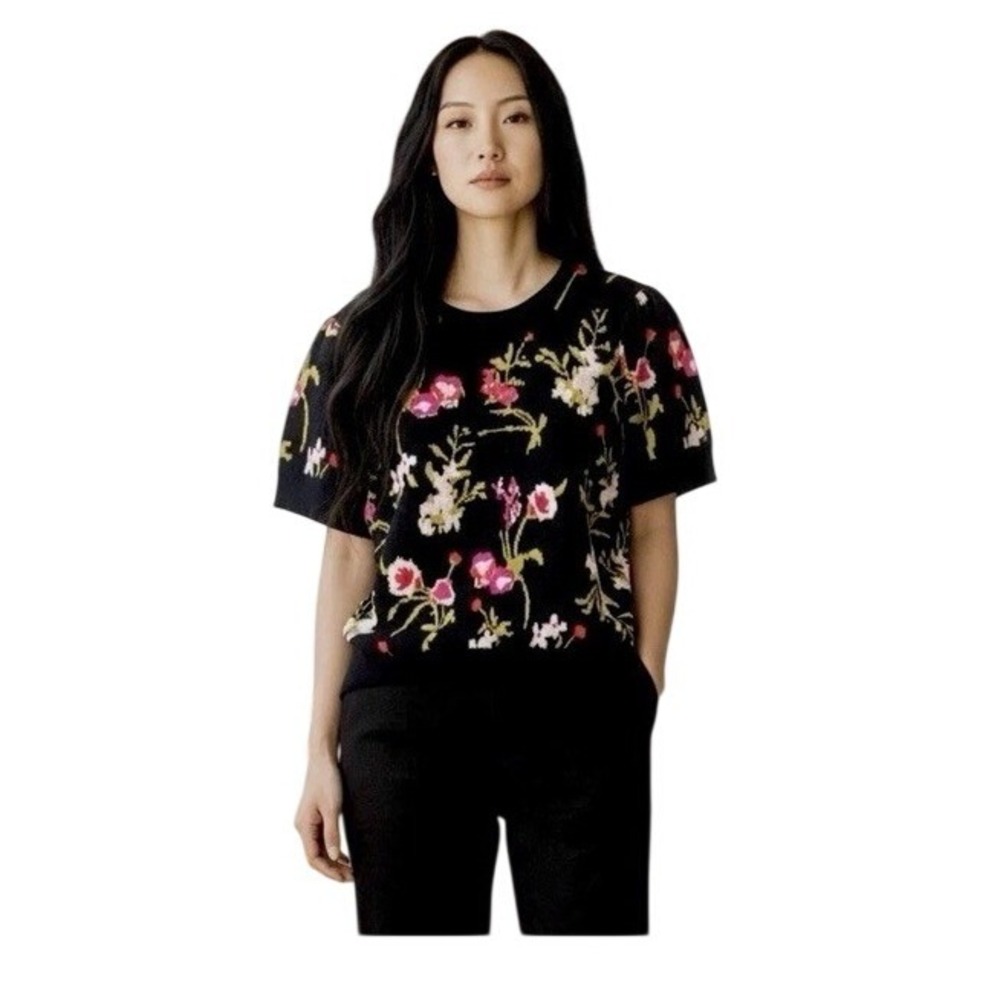 T Tahari Black Stunning Pink Green Floral Short Sleeve Sweater Cottage Granny 3X - Picture 2 of 5